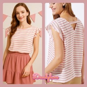 Loft Red Striped  Cutout  Back Flutter Top Size Medium (NWOT)